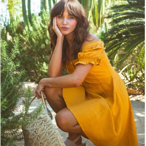 Cyndy Mini Dress Marigold Tamga Designs Yellow European Flax Linen Sustainable - Picture 5 of 6